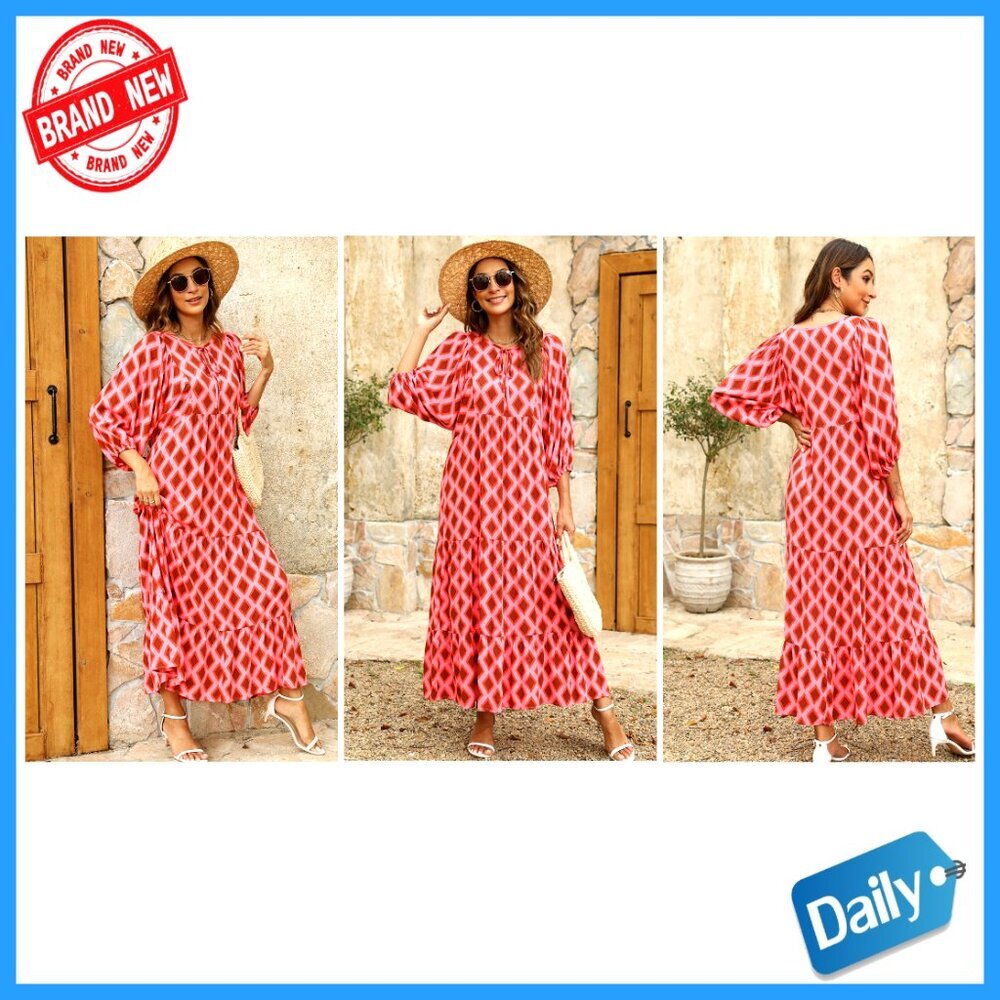 Boho Maxi Dress with Puff Sleeves, V-Neck, Flowy Swing Fit - Picture 7 of 7